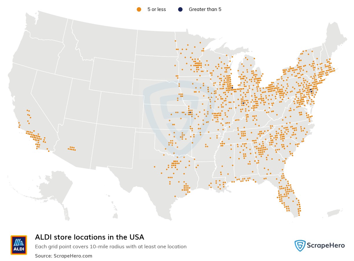 Map showcasing Aldi Foods Locations across the United States