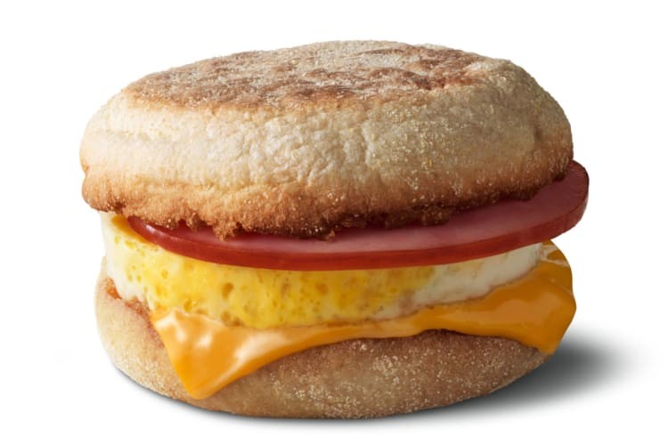 McDonald's Egg McMuffin, a classic and relatively healthy fast food breakfast choice with egg, Canadian bacon, and cheese on an English muffin.