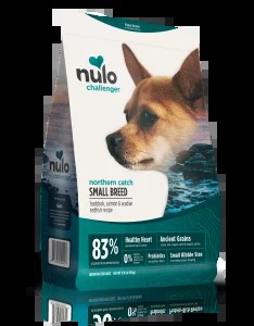 Nulo Challenger High-Protein Kibble Northern Catch Haddock, Salmon & Redfish Dry Dog Food packaging featuring fish and kibble