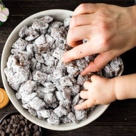 Overhead view of a bowl of the best puppy chow recipe in a bowl