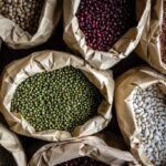 Paper bags filled with dry beans, peas, lentils, and rice