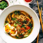 Quick Homemade Ramen in a bowl with soft egg and chopsticks.