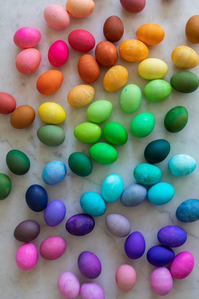 Rainbow Easter eggs dyed with food coloring for a vibrant Easter celebration