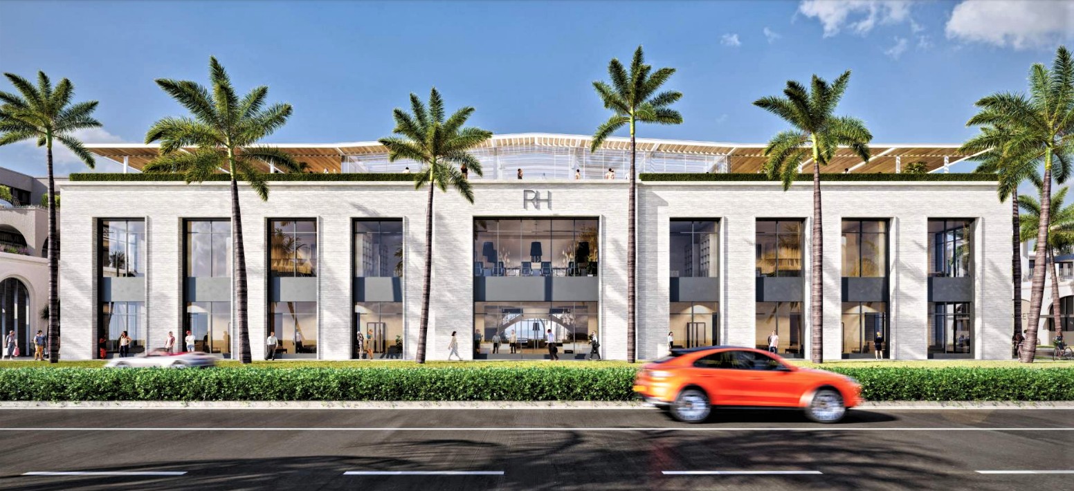 Rendering of the proposed Restoration Hardware (RH) gallery in Naples, featuring a rooftop restaurant and luxury home furnishings.