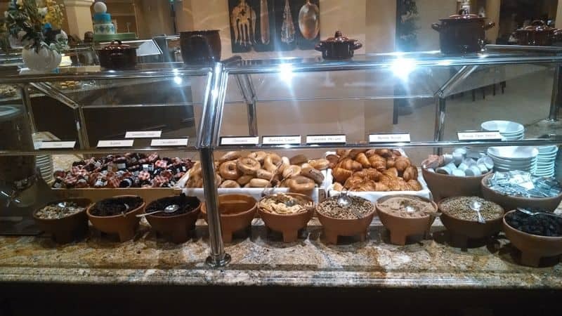 Selection of grains, bagels, and pastries at the Bellagio Buffet breakfast bar