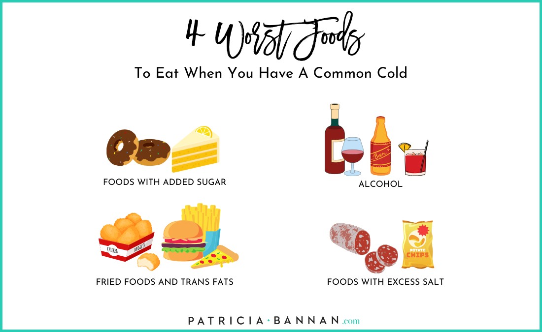 Selection of sugary treats like candy, cookies, and cake, representing foods high in added sugar to avoid when having a cold.