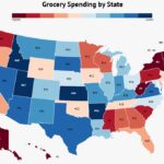 State-by-state map of average monthly grocery spending per person in the US