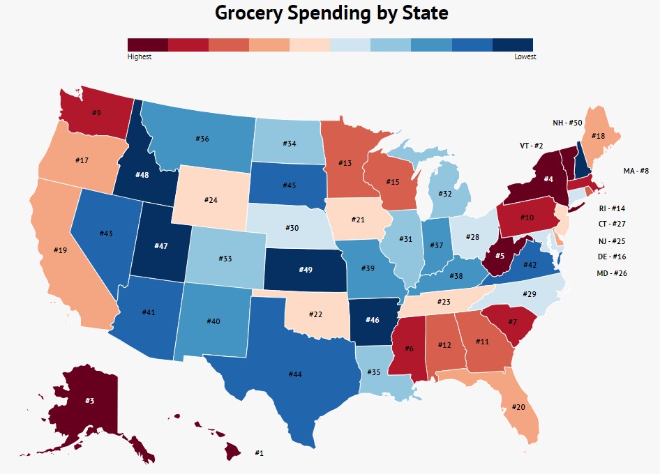 State-by-state map of average monthly grocery spending per person in the US