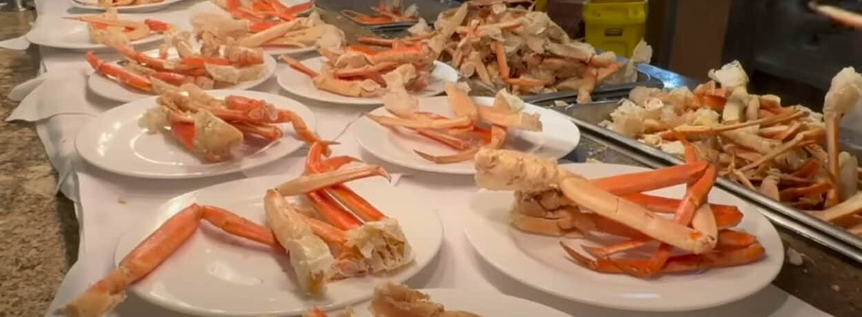 Steaming snow crab legs at the Bellagio Buffet seafood station