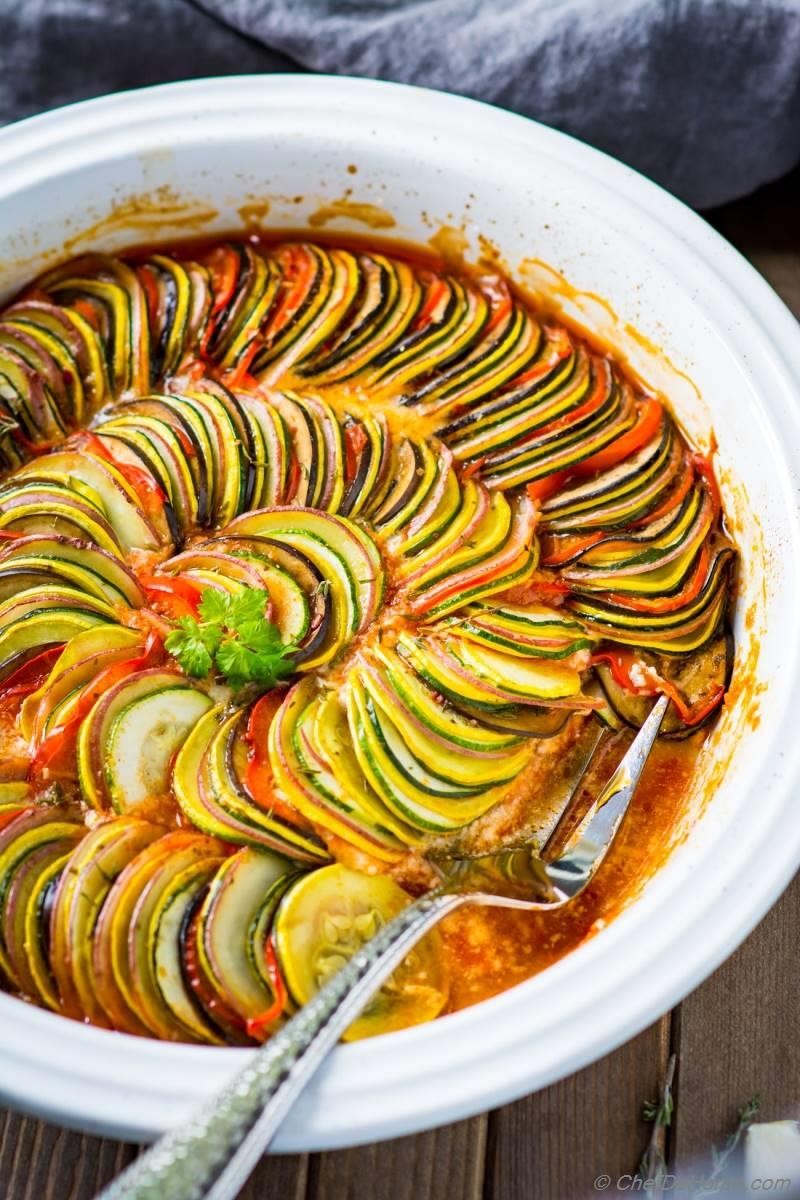 Super easy and comforting veggie and marinara sauce casserole called Ratatouille