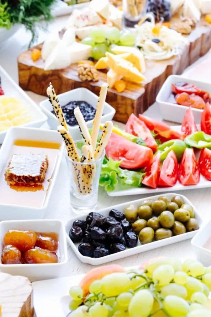 Table spread of various party foods