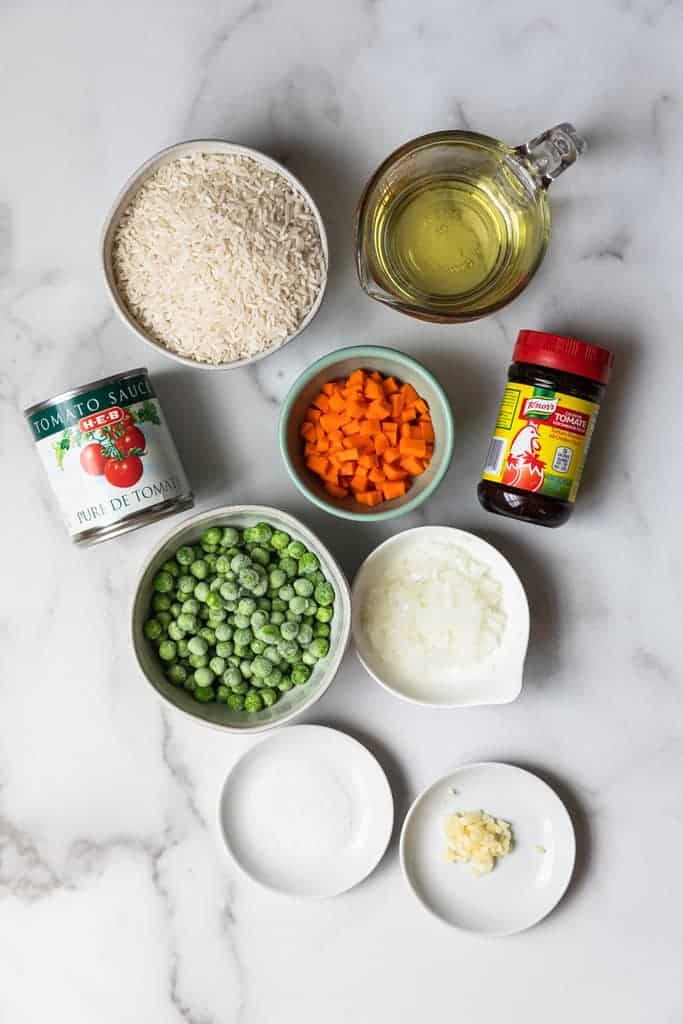 The ingredients needed to make Mexican Rice.