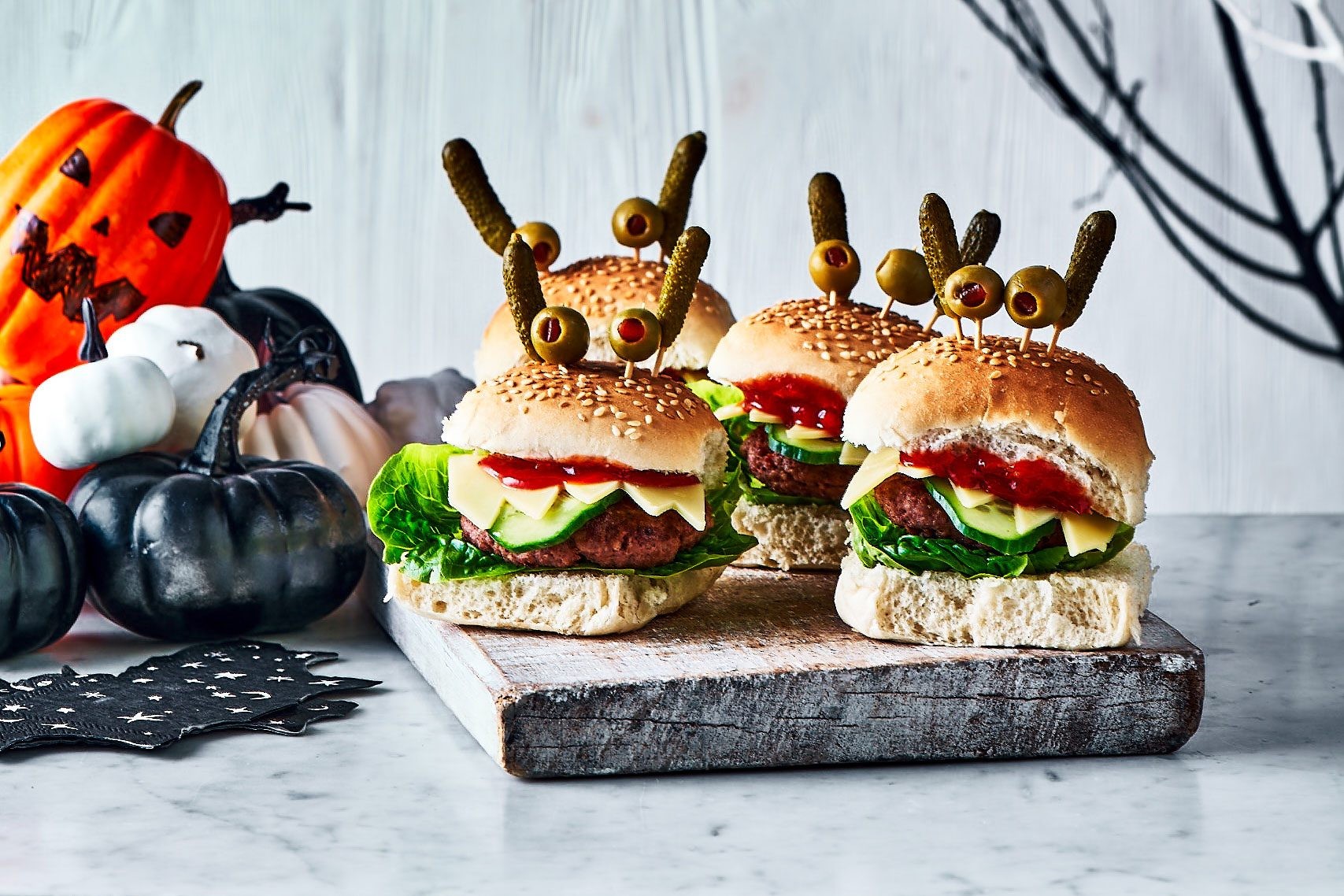 Three mini monster burgers