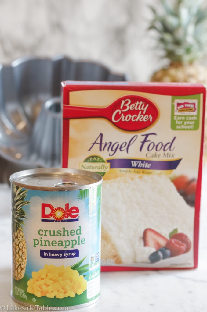 Two simple ingredients for pineapple angel food cake: angel food cake mix and crushed pineapple