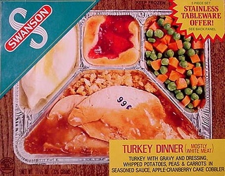 Vintage Swanson TV Dinner box from the 1950s, a prepackaged frozen meal, concept for the Cubs TV Dinner Dog.