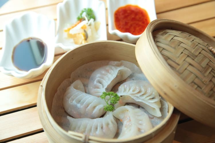 Steamed potstickers or dumplings can be stuffed with meat and vegetables