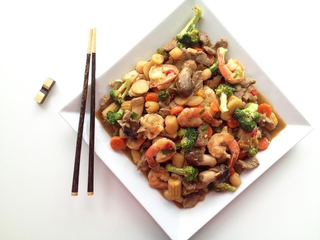 Fresh ingredients for making Happy Family stir-fry