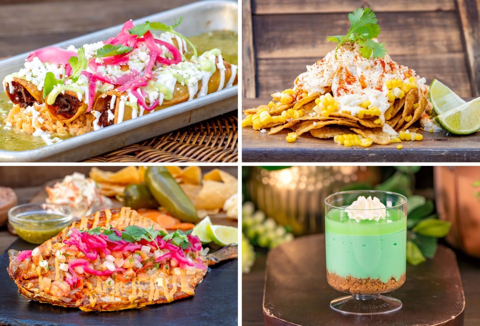 Esquites Loaded Chips: Chile-lime chips smothered in corn kernels, cotija cheese, chile-lime seasoning, and crema