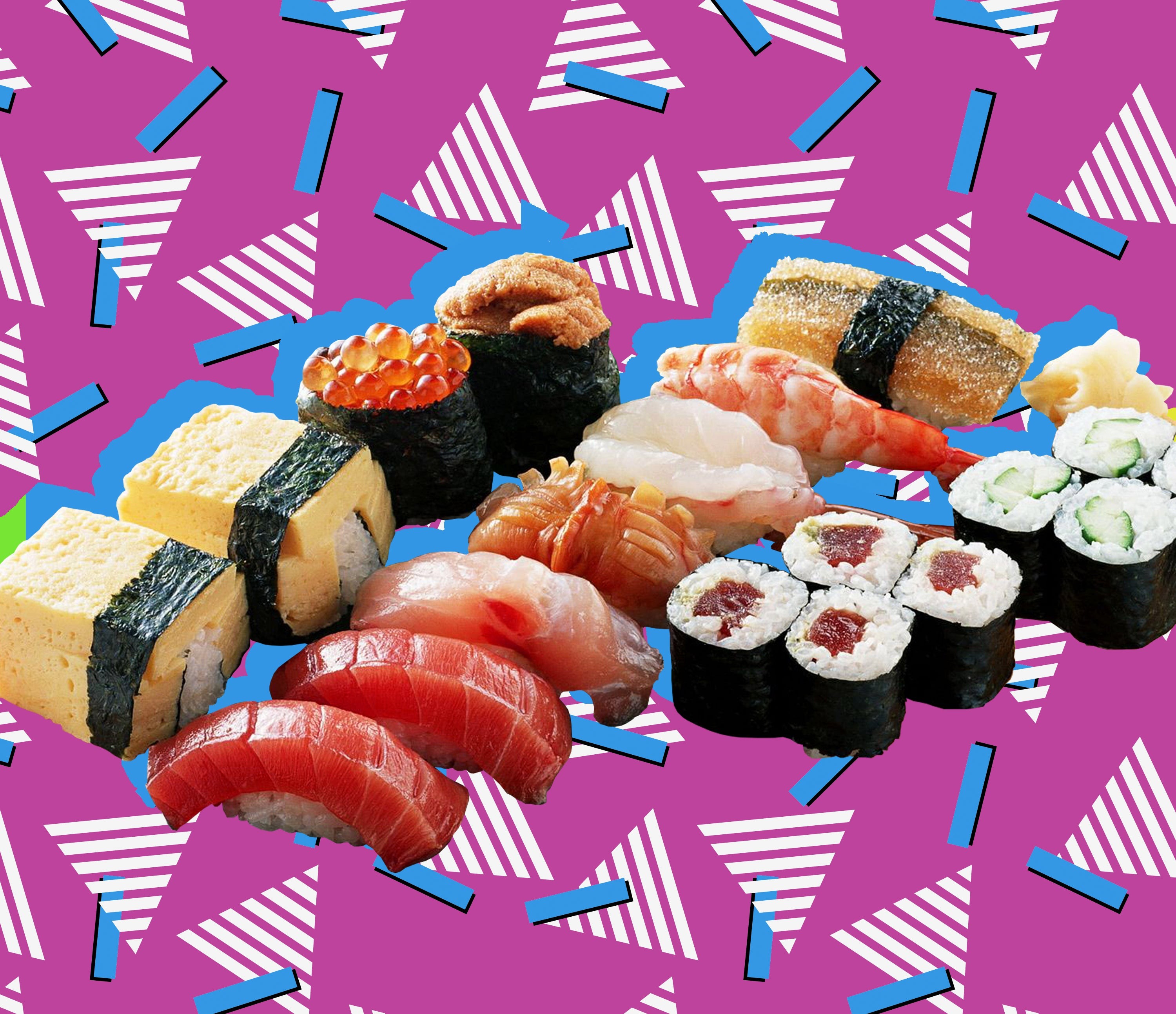 Assorted sushi rolls, representing the mainstreaming of sushi in the 90s