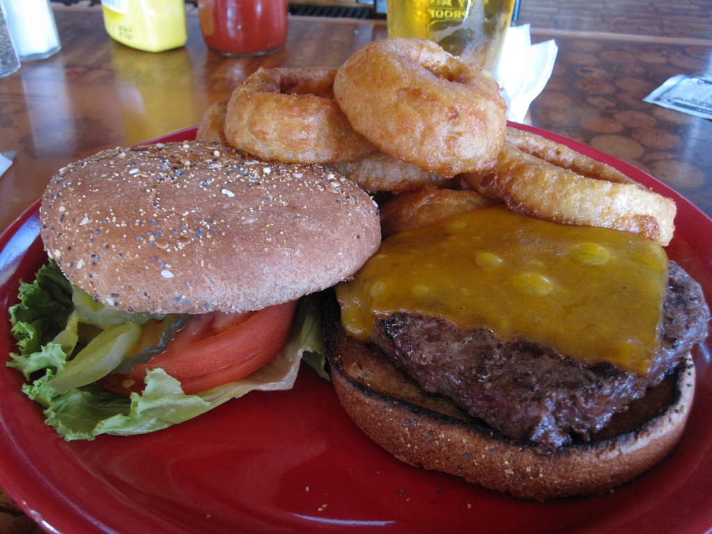 A juicy bison burger with lettuce, tomato, and onion