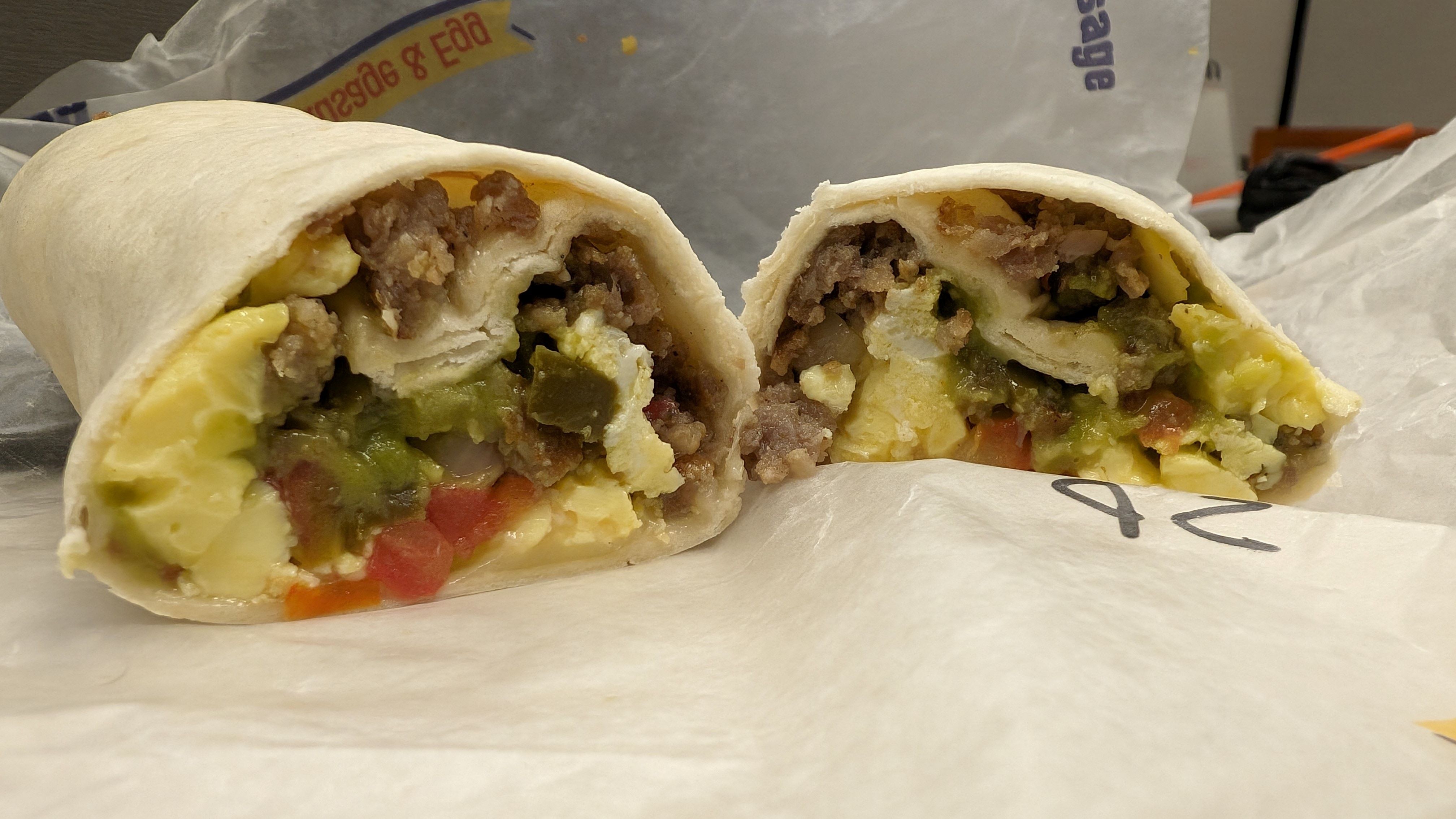 Braum's Spanish Breakfast Burrito showcasing its internal ingredients and layers