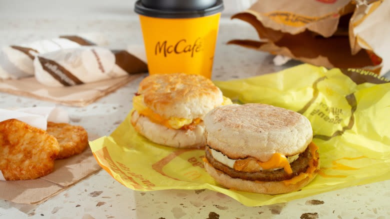 A McDonald's breakfast sandwich combo laid out on a table, a reminder of the discontinued all-day breakfast