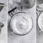 Close up of egg whites being whipped in a bowl.