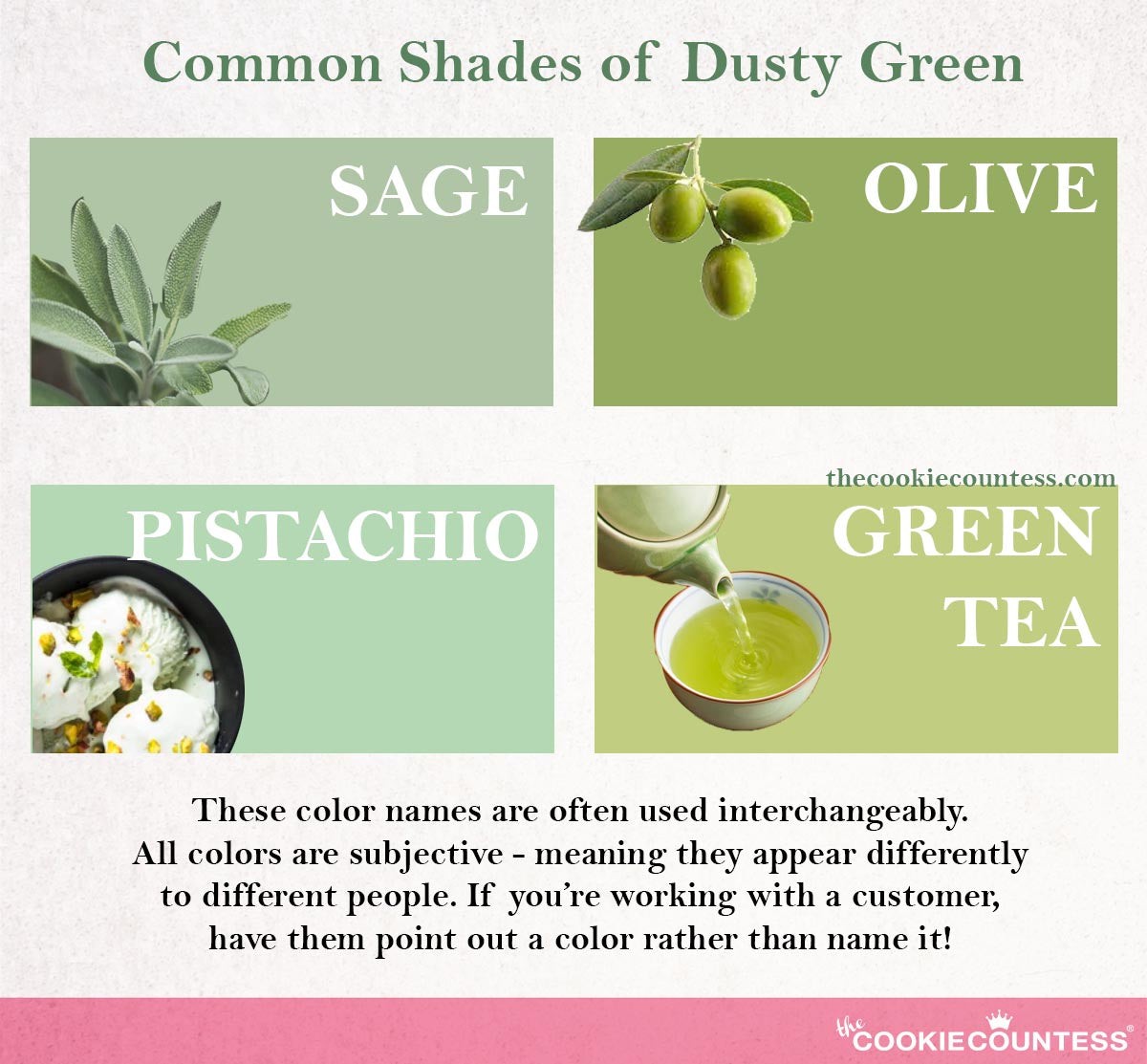 Various shades of green including sage green and pistachio green