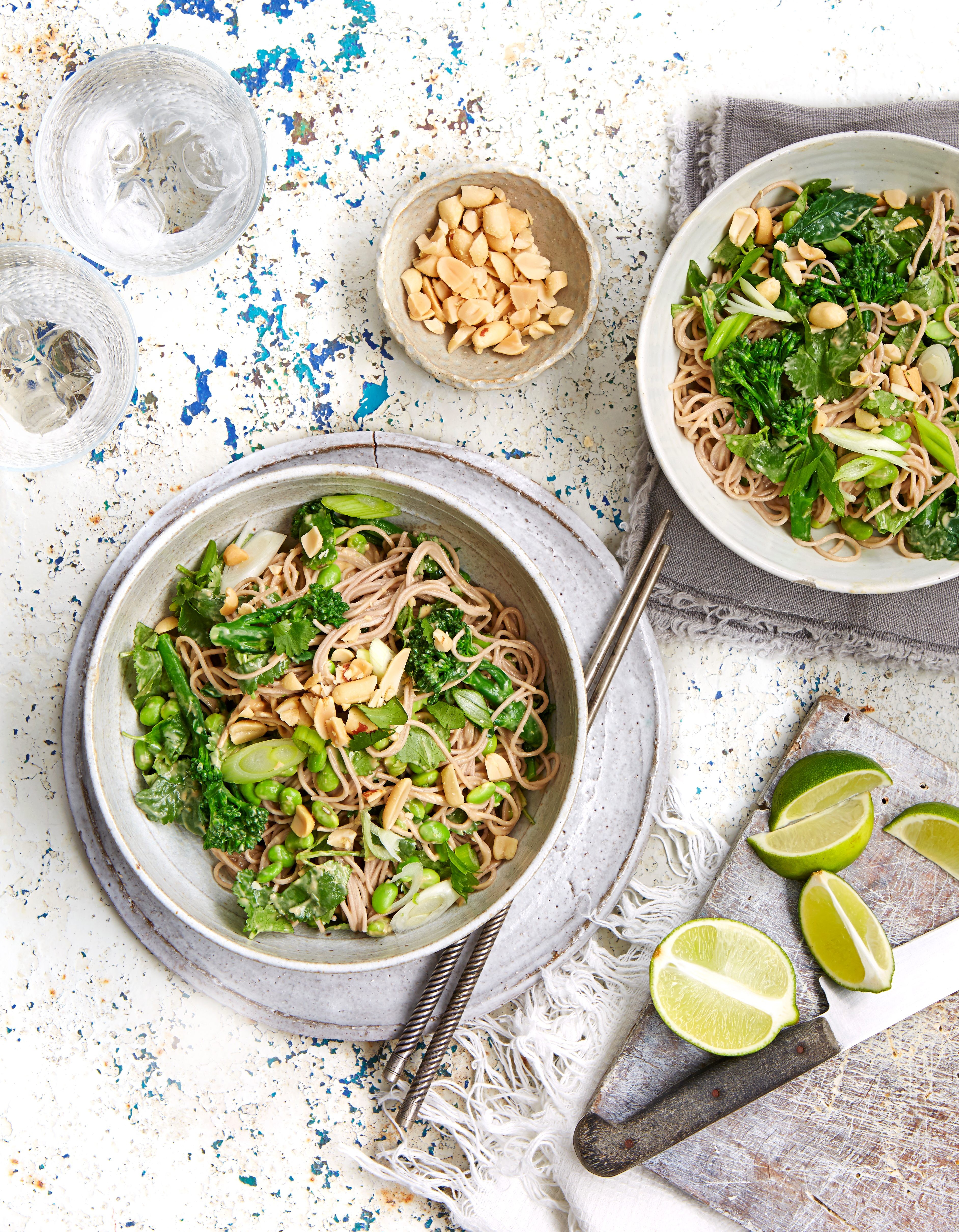 Soba Noodles with Broccoli and Peanuts in a Bowl