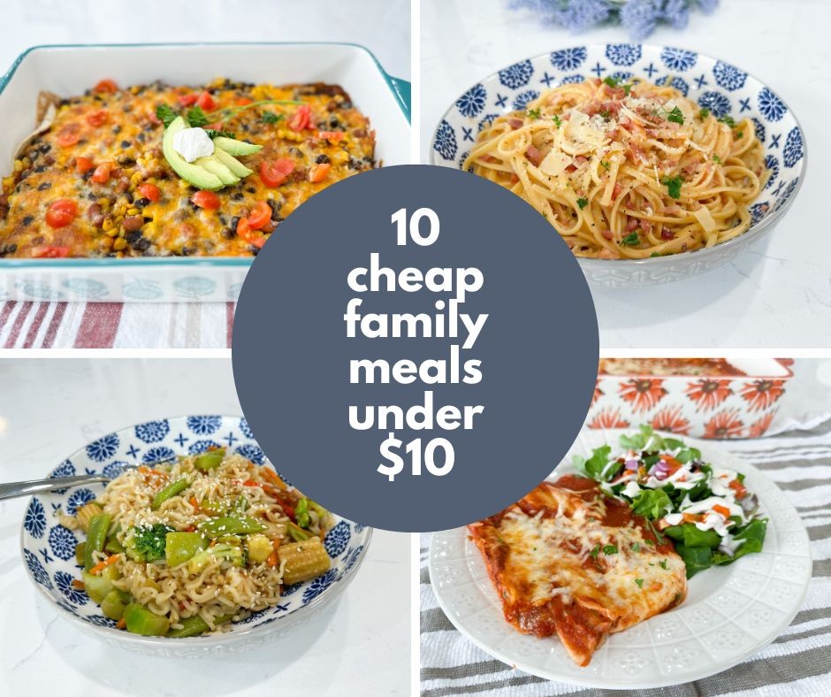 Assortment of inexpensive and versatile staple ingredients for cheap food meals