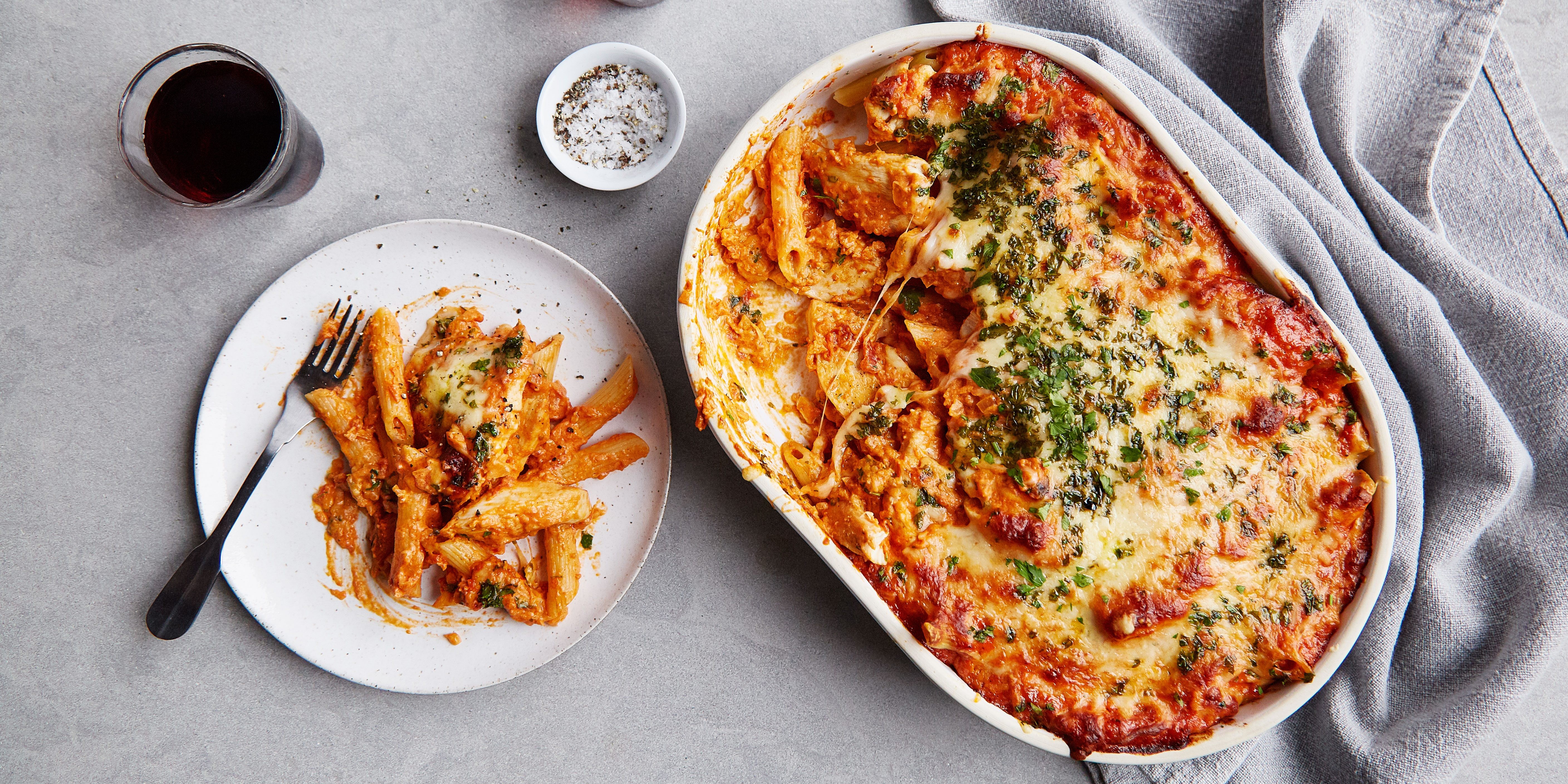 Chicken pasta bake in a serving bowl and plate