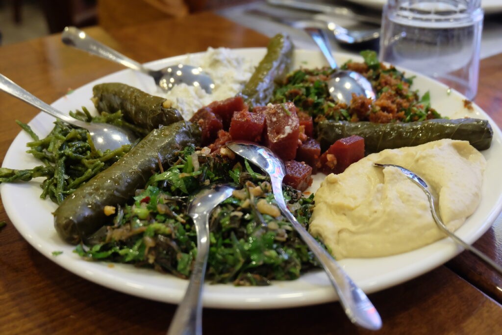 A plate of Dolmas, long rolled grape leaves stuffed with rice and herbs, served alongside fresh salads and dips