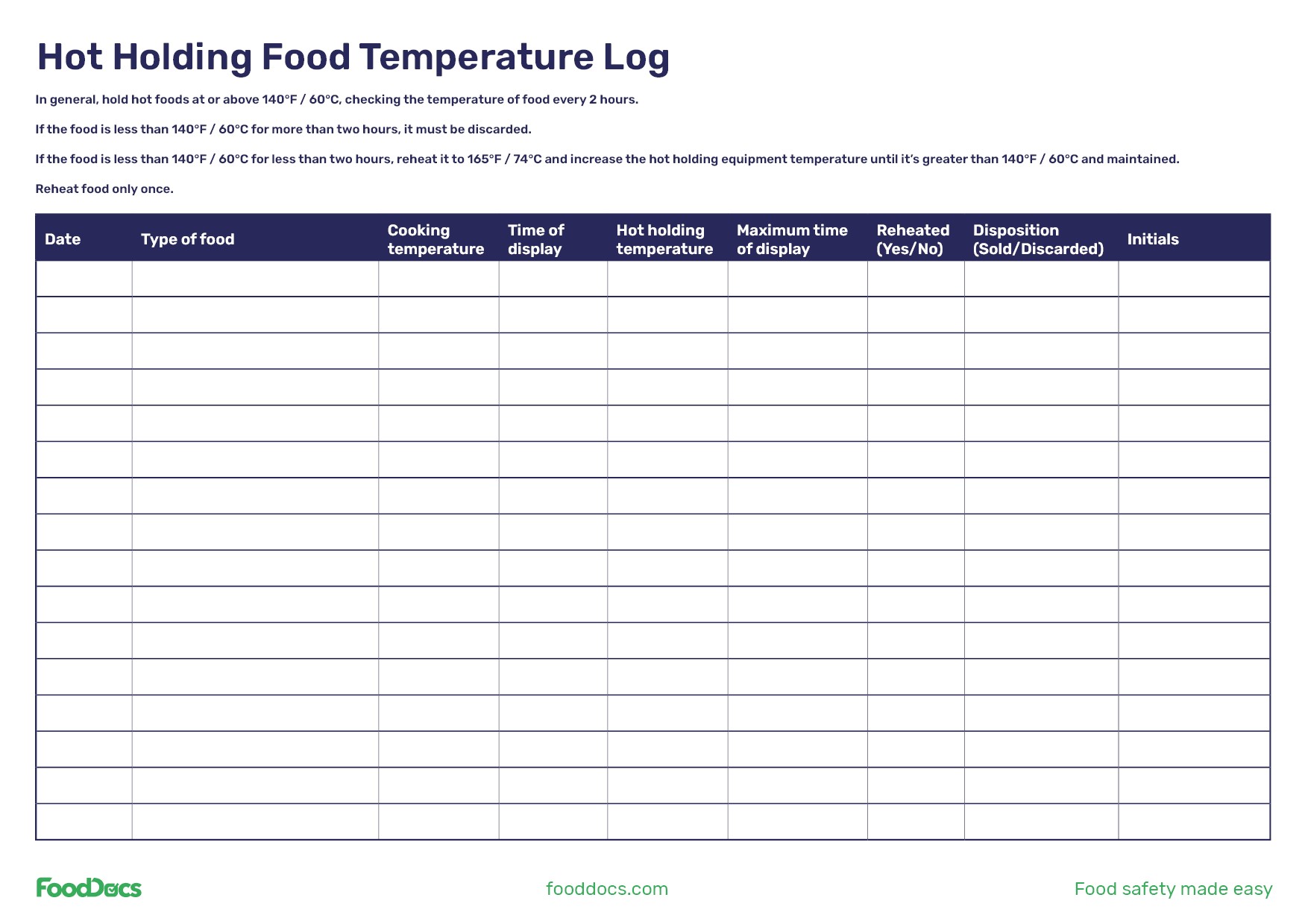 Hot holding food temperature log