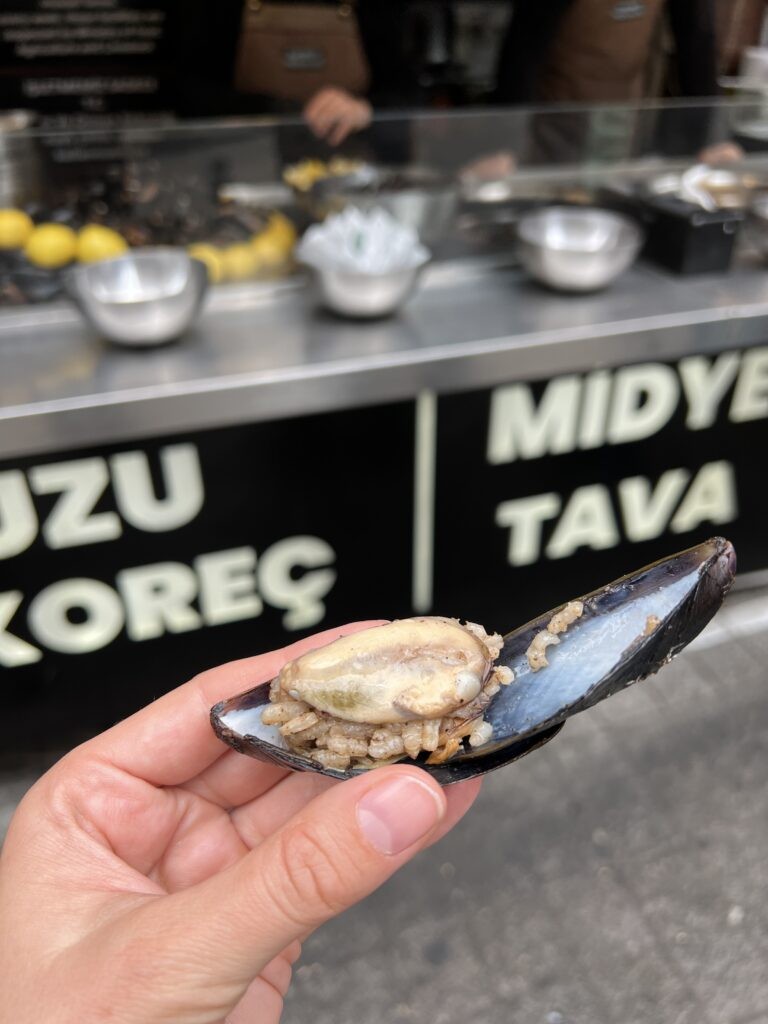 A close-up of Midye Dolma, mussels stuffed with herbed and spiced rice, a popular Turkish street food