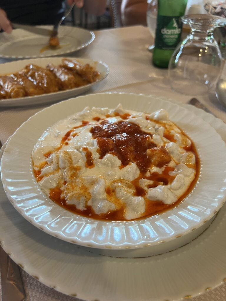 A plate of Mantı, small Turkish dumplings filled with lamb and served with garlic-yogurt sauce and chili oil