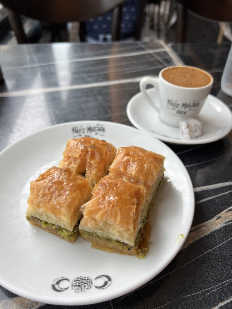Baklava, a layered pastry dessert filled with chopped nuts and sweetened with syrup or honey