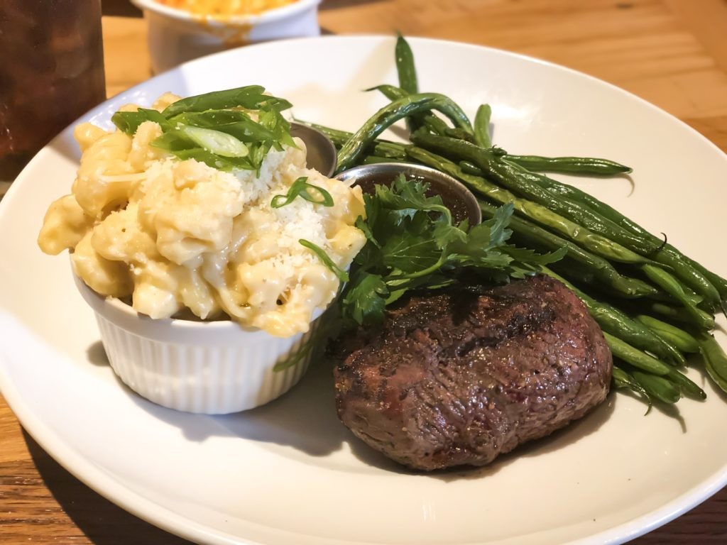 The prime top sirloin steak with gouda macaroni and cheese at Carson's Food and Drink