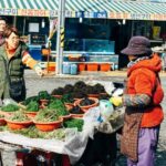 Korean woman selling various sea vegetables