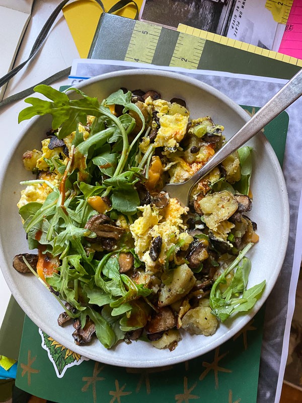 Brussels sprouts and potato hash with fried egg