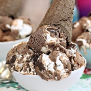 A scoop of homemade Phish Food ice cream served in a white bowl, showcasing the marshmallow swirl, caramel, and chocolate fish