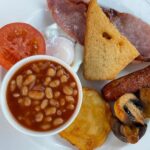 Full English Breakfast featuring sausages, eggs, bacon, and toast, a hearty London classic.