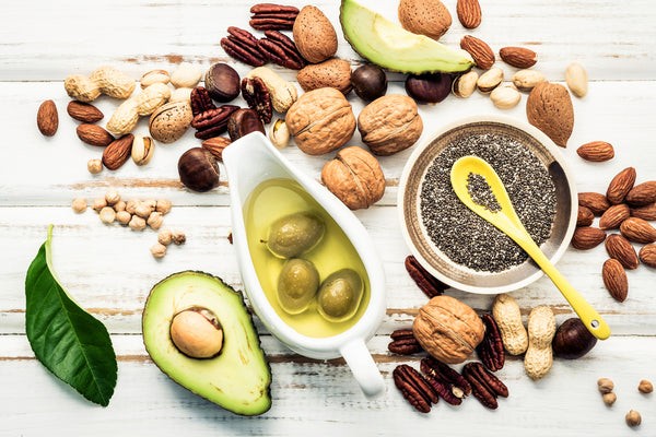 Fats, including almonds, avocado, oil, olives, seeds and peanuts