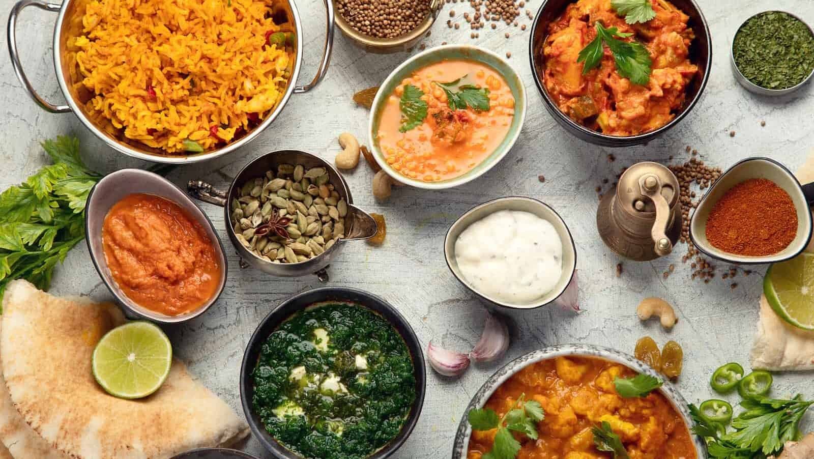 A top-down view of a spread of traditional Indian cuisine, showcasing the vibrant colors and diverse dishes that make up India's culinary landscape