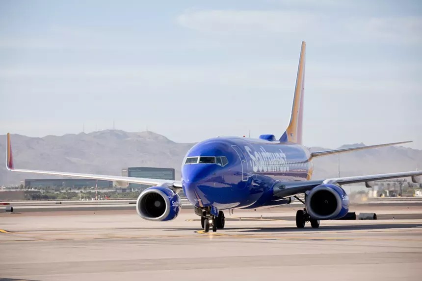Southwest plane at Phoenix Airport, showcasing the convenience of dining before flying out.