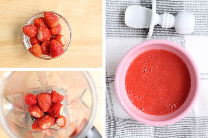Preparing homemade strawberry puree for babies