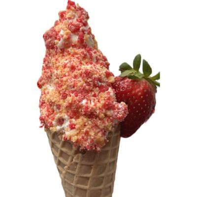 Strawberry Shortcake Crunch, homemade vanilla ice cream in a waffle cone rolled in a crunchy strawberry shortcake coating.