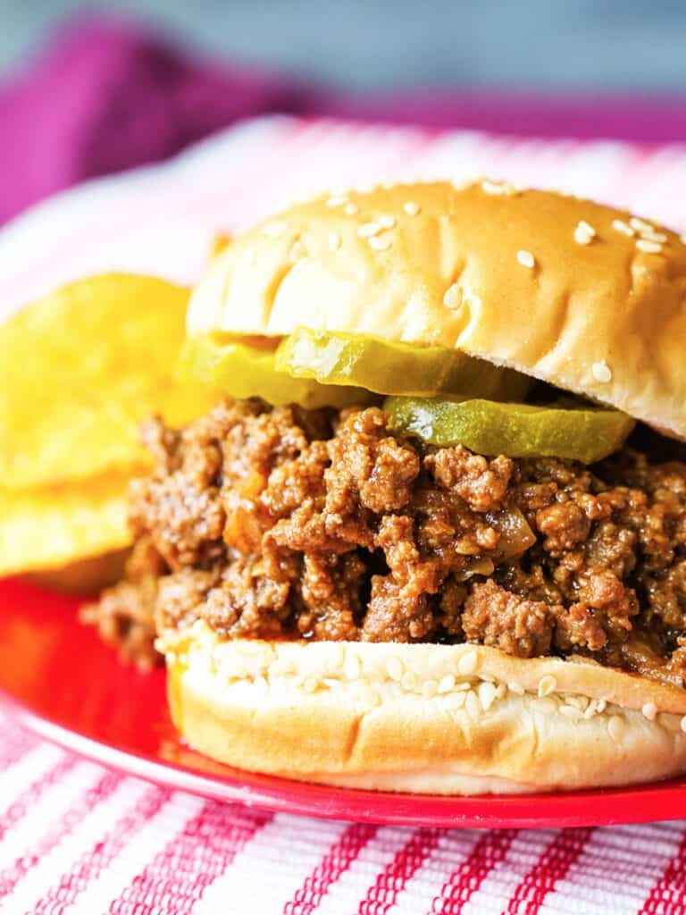 Sloppy Joe sandwich with chips and pickles.