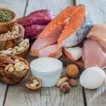An array of protein-rich foods including beef tenderloin, grilled salmon fillet, chicken breasts, hard-boiled eggs, Greek yogurt, and various nuts and seeds