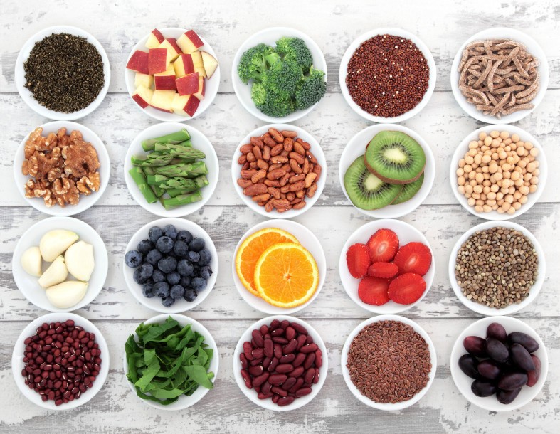 Assortment of colorful superfoods in bowls