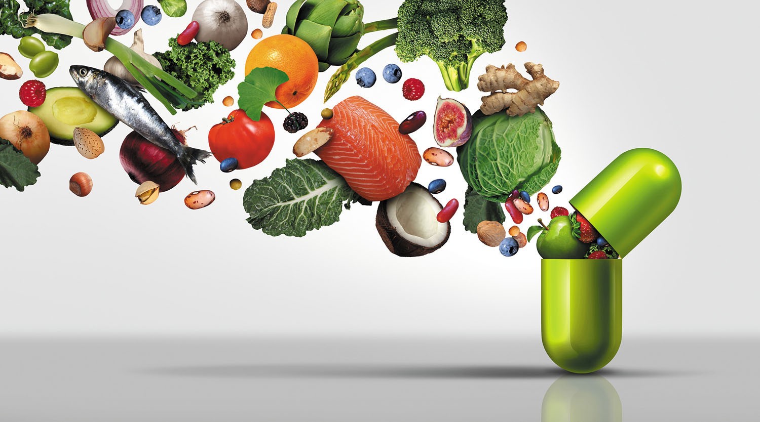 Supplement capsule bursting with fruits and vegetables